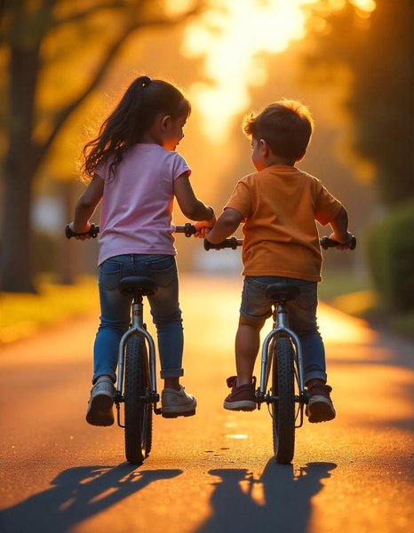 kids riding bicycle in evening sunset showing independence