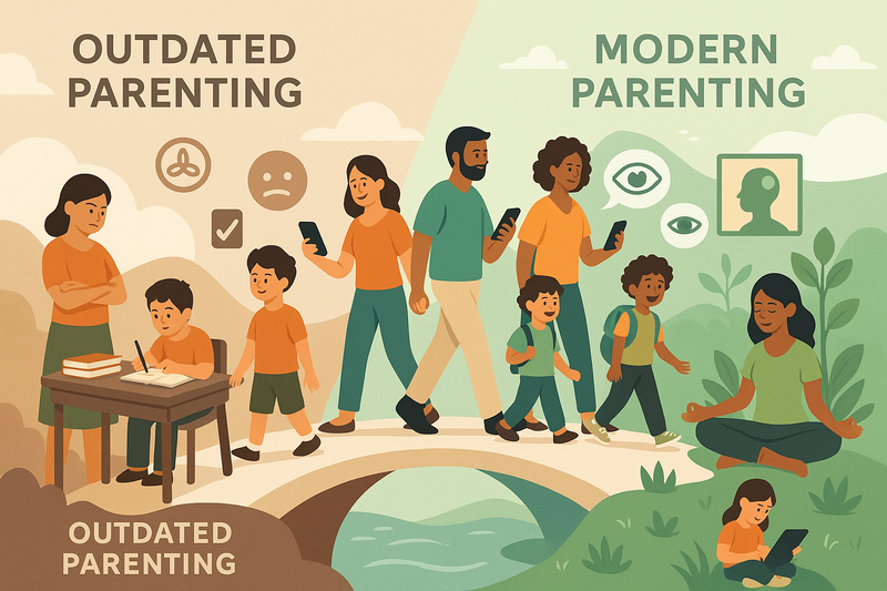Illustration depicting outdated parenting practices being replaced by modern techniques