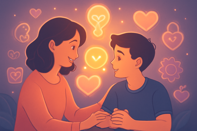 Illustration of a parent and teen having a heart-to-heart conversation, surrounded by symbols of speech bubbles, hearts, and trust-building elements.